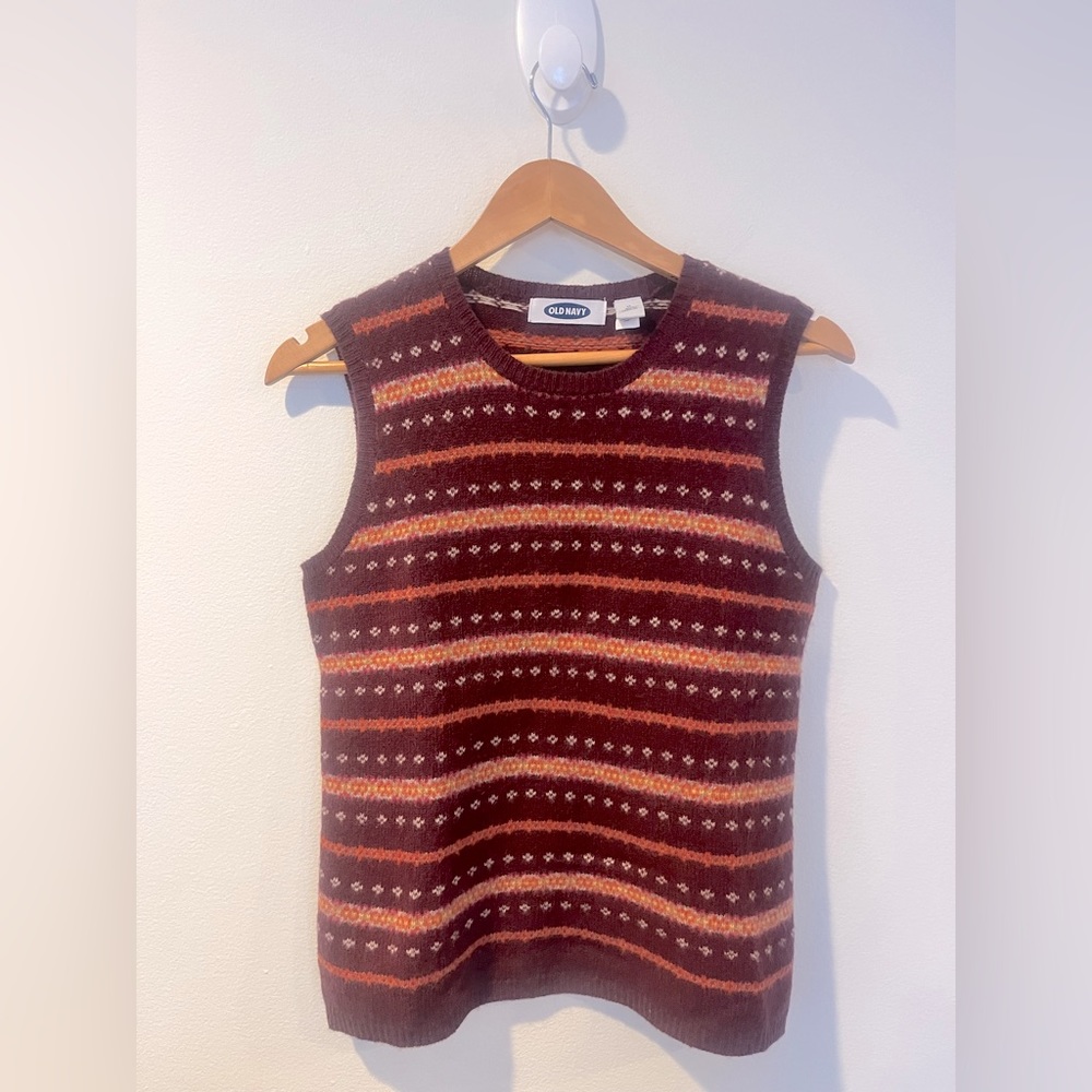 Vintage 100% Lambswool Fair Isle Striped Sweater Vest Burgundy Red Women’s